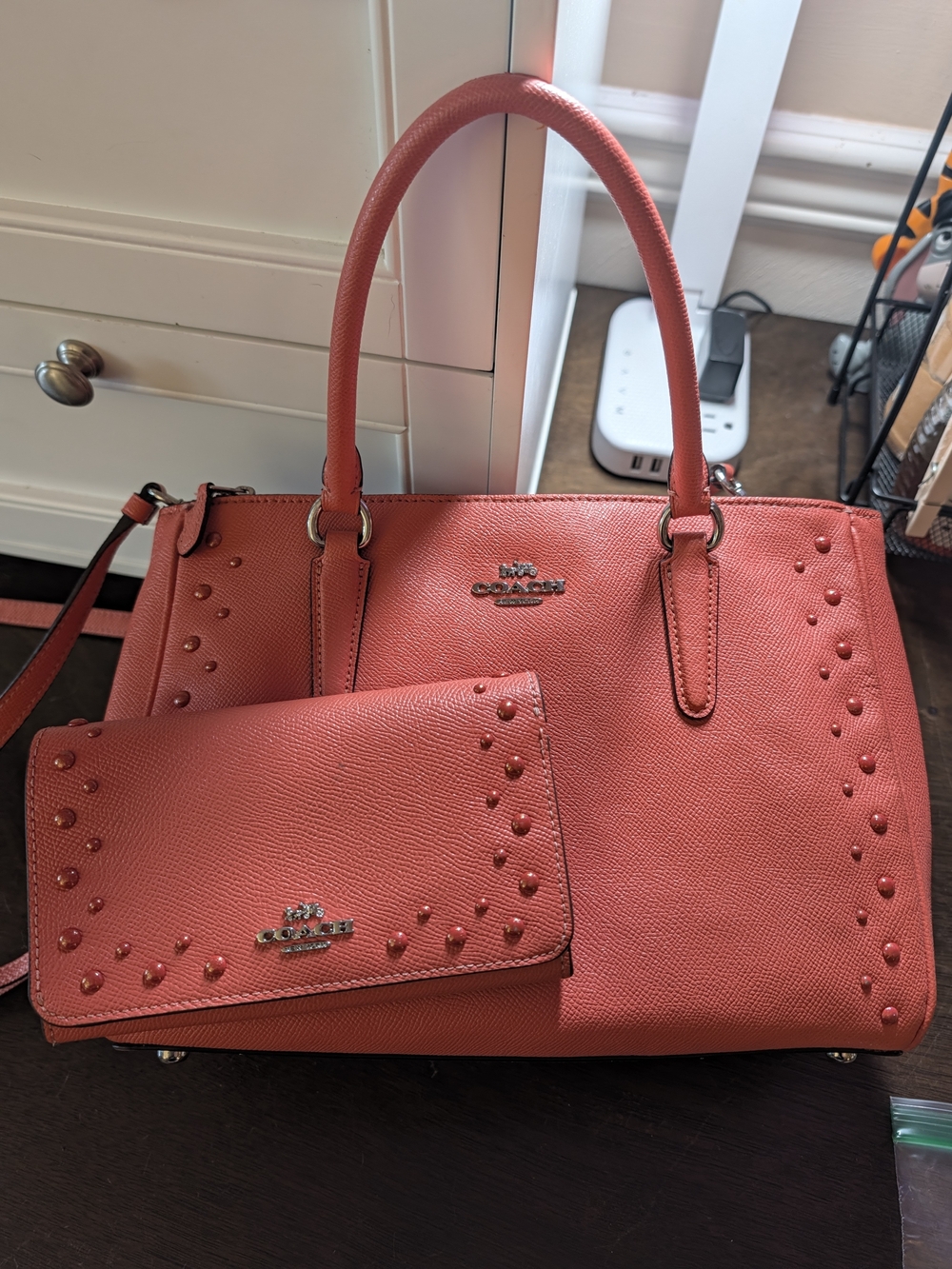 Coach Studded Leather Surrey Carryall Satchel & Matching Wallet Set Coral